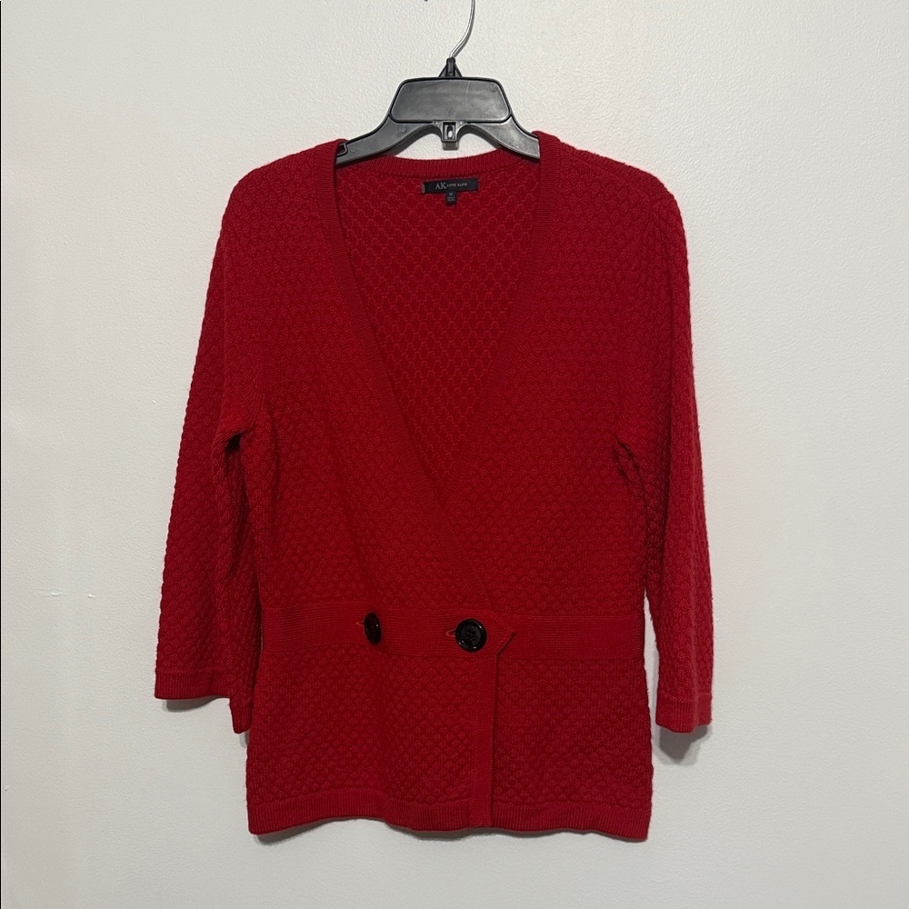 Anne Klein Vintage Red Knit Merino Wool Sweater wrap-style V-neck Cardigan
